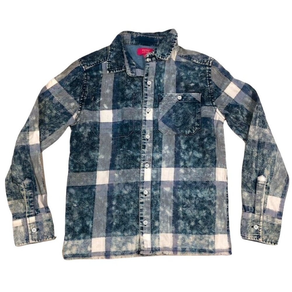 Butter Super Soft Plaid Button Down Shirt Blue White Chest Pocket Medium 8 Kids